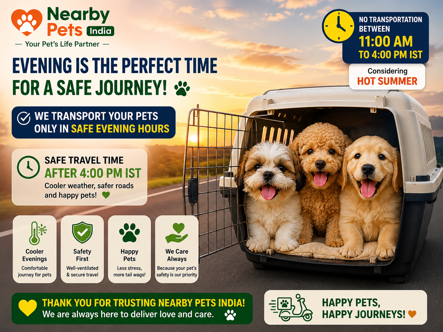 Happy puppies looking out of a transport vehicle during a cool evening ride with Nearby Pets India