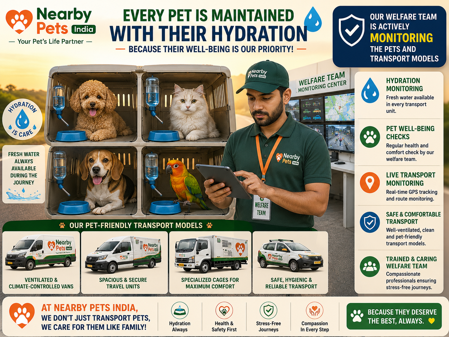 Nearby Pets India team member ensuring a traveling pet is properly hydrated during summer transport