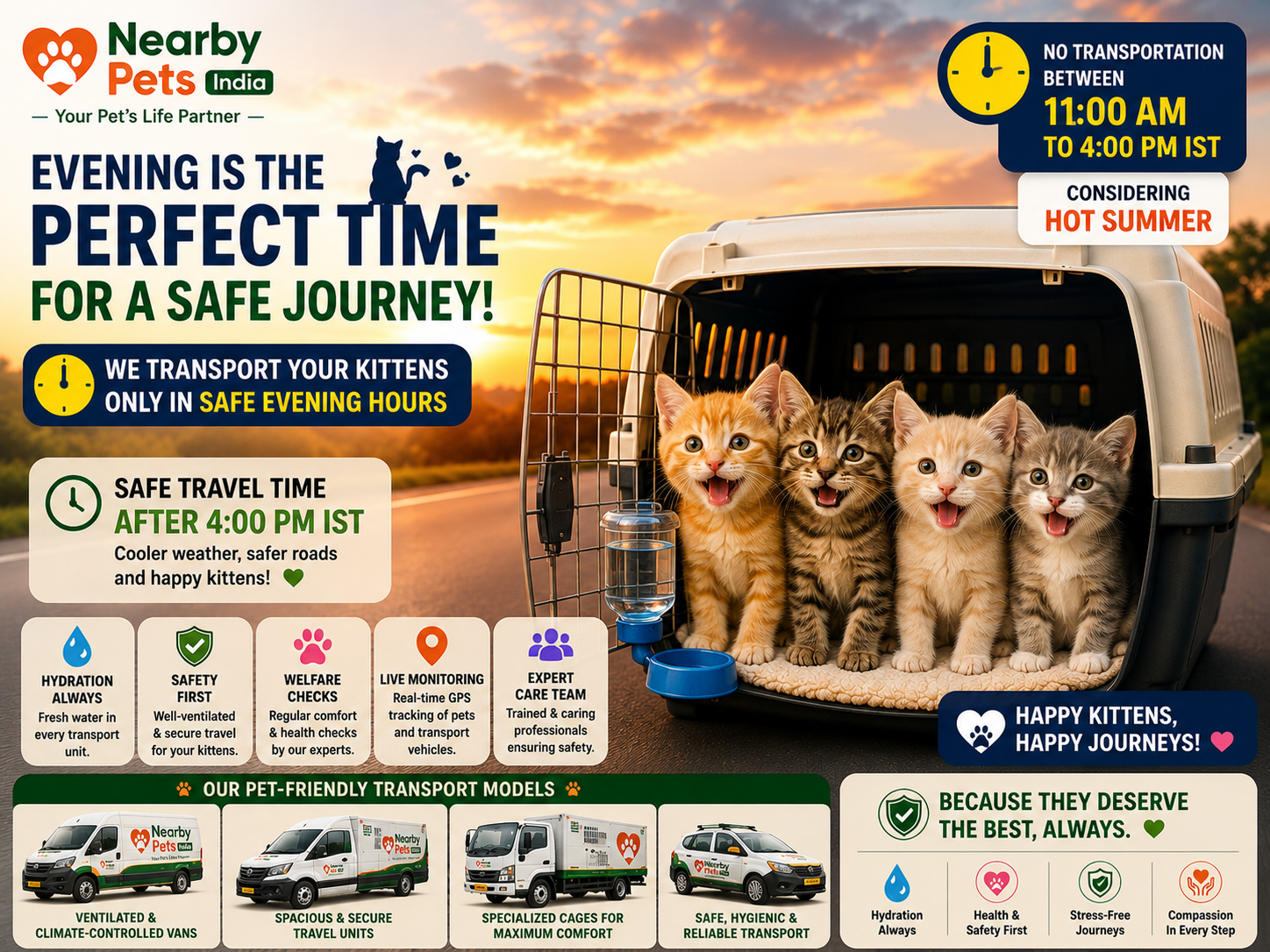 Content kittens safely secured and relaxing during an evening transport service