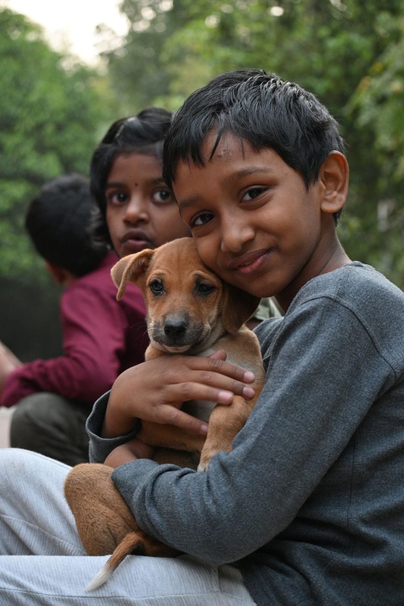 Boy hugging a brown puppy with his sisters beside him