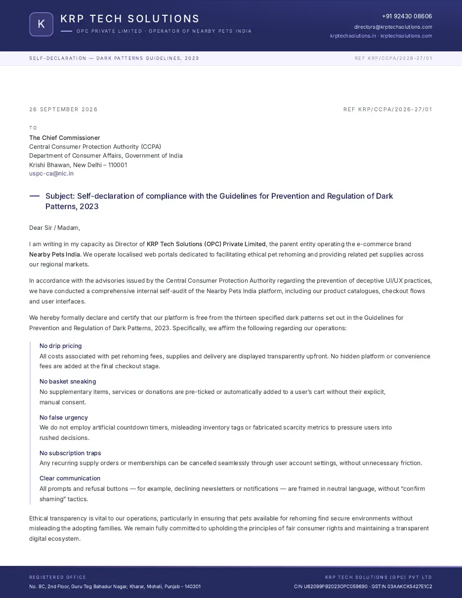Self-declaration to the Central Consumer Protection Authority on the Dark Patterns Guidelines, 2023, page 1 of 2: letter from KRP Tech Solutions (OPC) Private Limited dated 26 September 2026, Ref KRP/CCPA/2026-27/01, affirming no drip pricing, no basket sneaking, no false urgency, no subscription traps and neutral wording on refusal buttons. Signed on page 2 by Soundarrajan Kannan, Director, DIN 10337357.