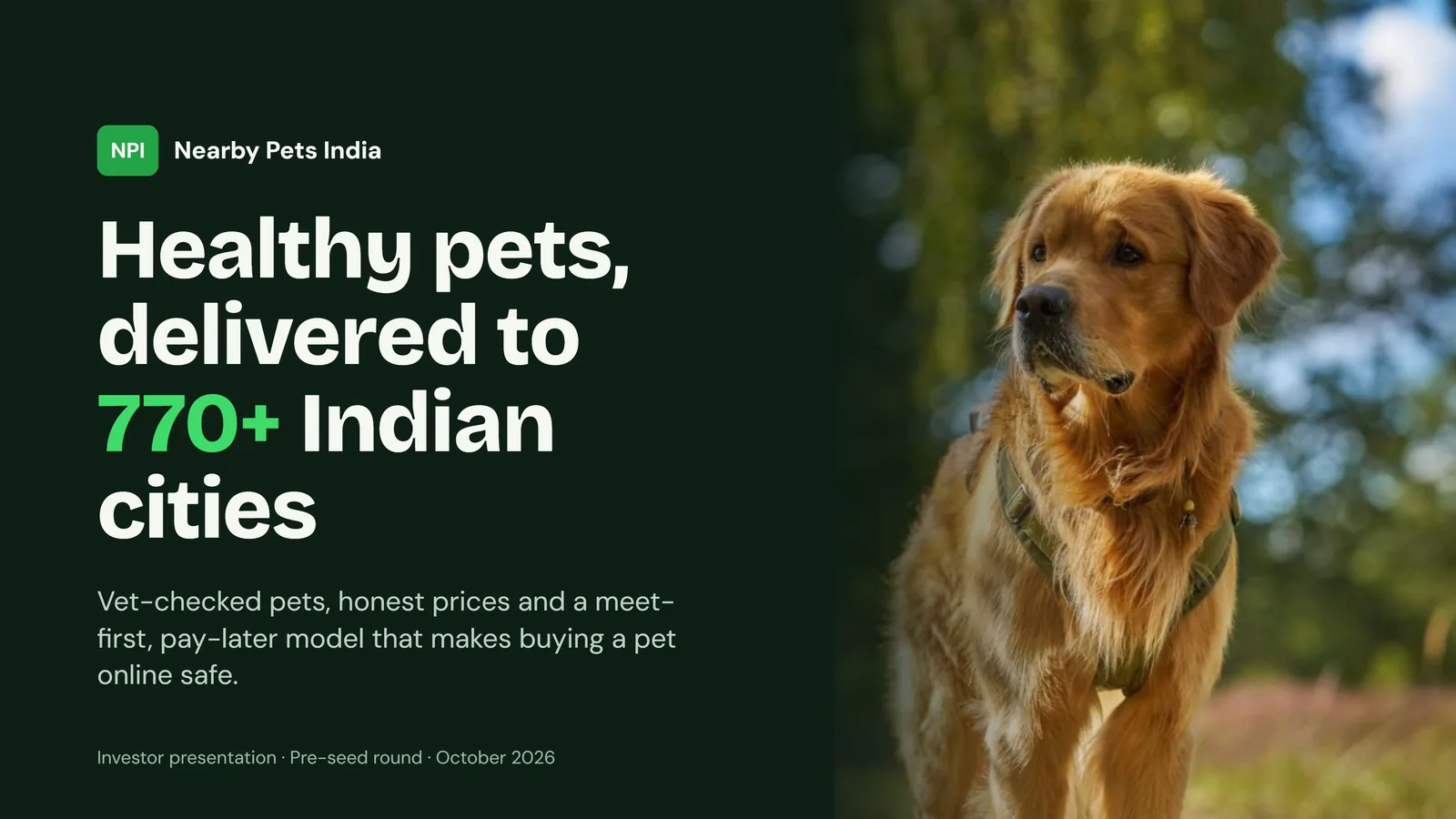 Slide 1: Healthy pets, delivered to 770+ Indian cities. Vet-checked pets, honest prices and a meet-first, pay-later model