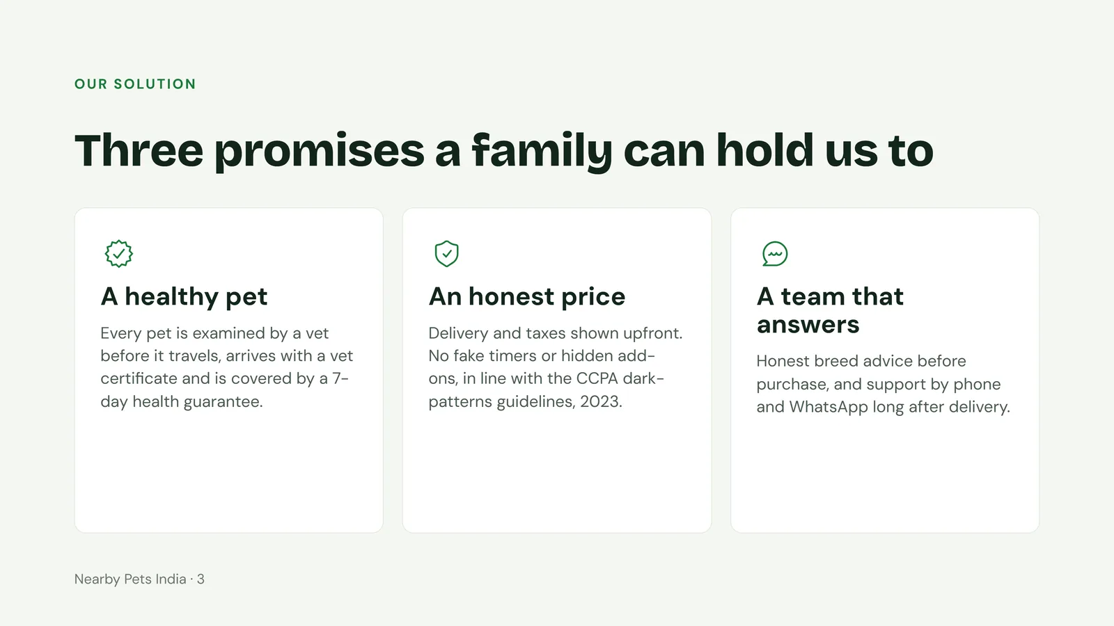Slide 3: Our solution: a healthy pet with a vet certificate and 7-day guarantee, an honest price, and a team that answers