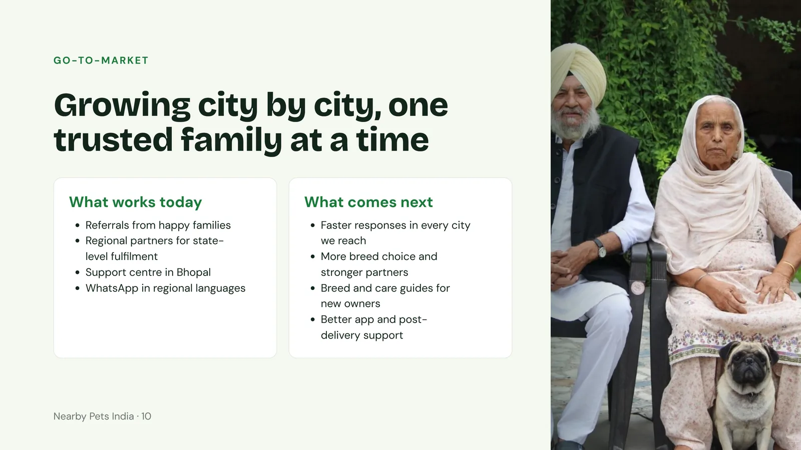 Slide 10: Go-to-market: referrals, regional partners, a support centre in Bhopal and WhatsApp in regional languages