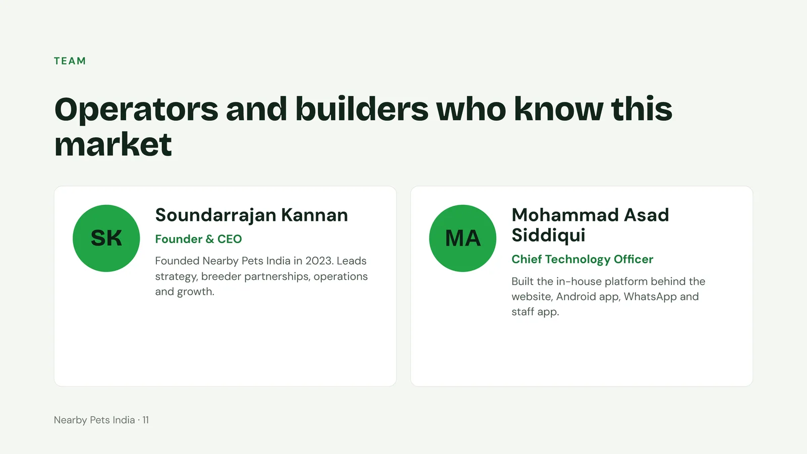Slide 11: Team: Soundarrajan Kannan, Founder and CEO; Mohammad Asad Siddiqui, Chief Technology Officer